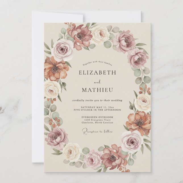 Dusty Rose Floral Wreath Wedding Invitation (Front)