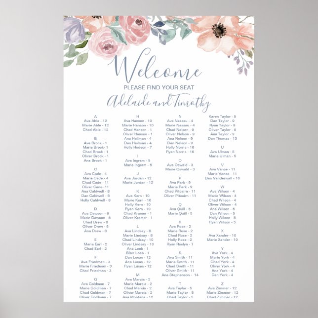 Dusty Rose Florals Alphabetical Seating Chart (Front)