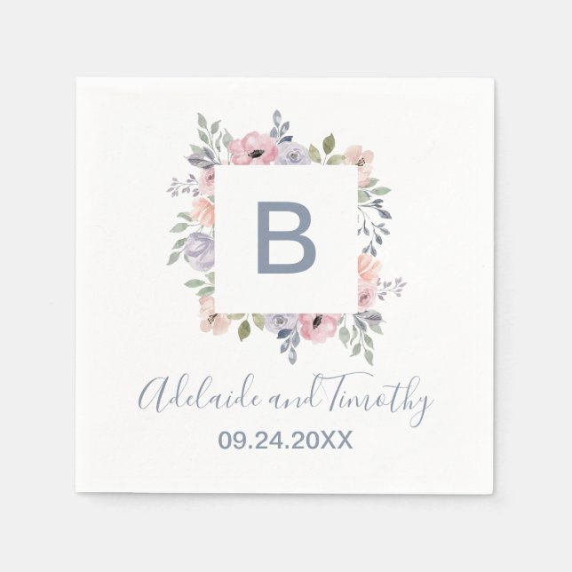 Dusty Rose Florals Monogram Wedding Napkin (Front)