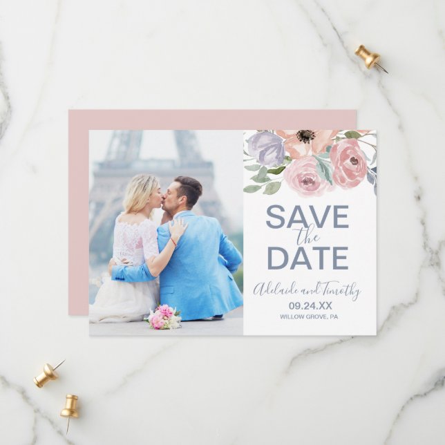 Dusty Rose Florals Photo Save the Date Card (Front/Back In Situ)