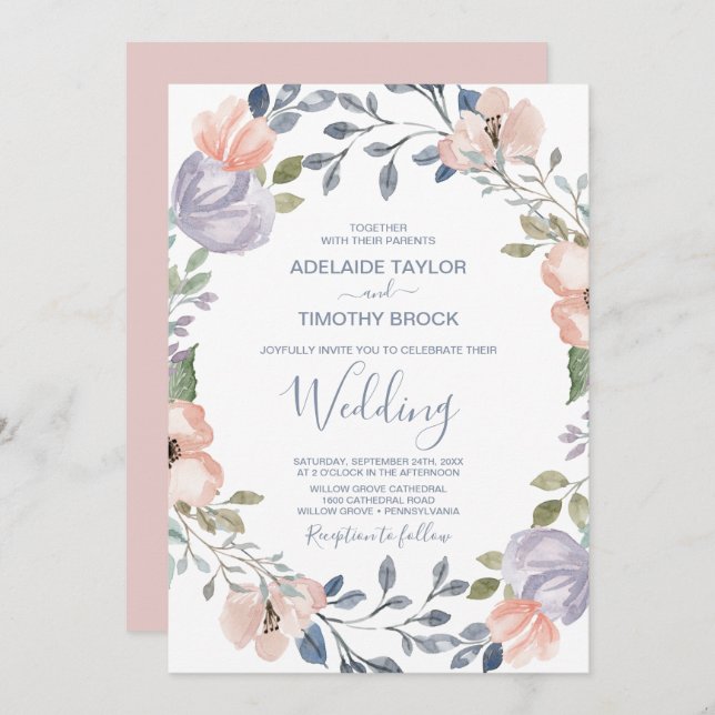 Dusty Rose Florals Wedding Invitation (Front/Back)