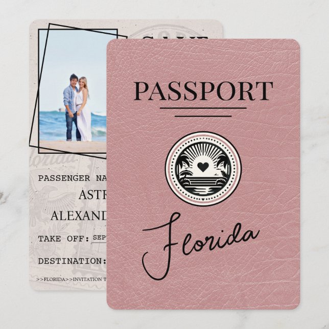 Dusty Rose Florida Passport Save The Date (Front/Back)