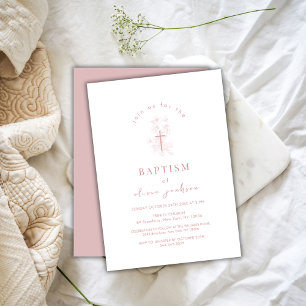 Dusty Rose Flower Cross Christening Girl Baptism Invitation