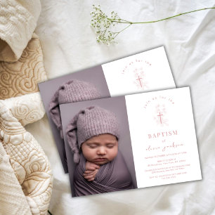 Dusty Rose Flower Cross Christening Photo Baptism Invitation