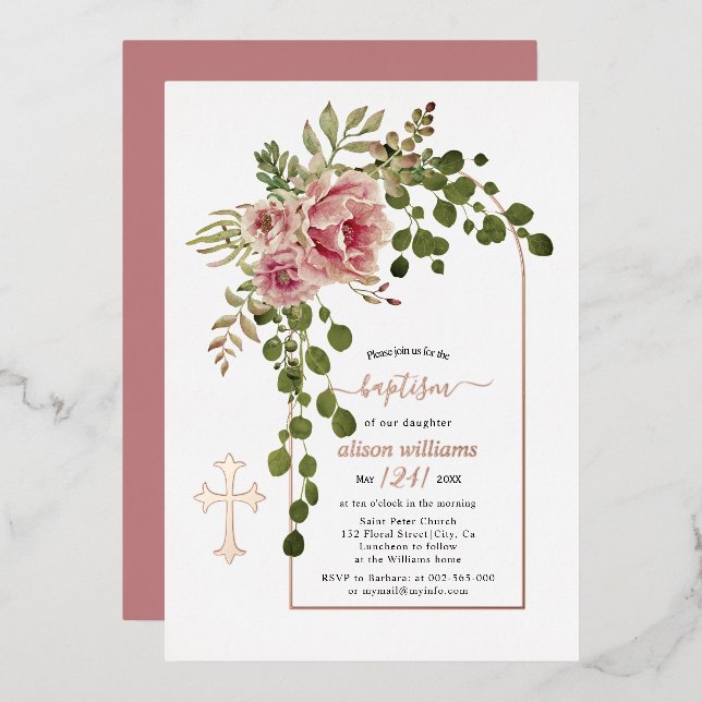 Dusty rose flowers, arch floral baptism rose gold  (Front/Back)