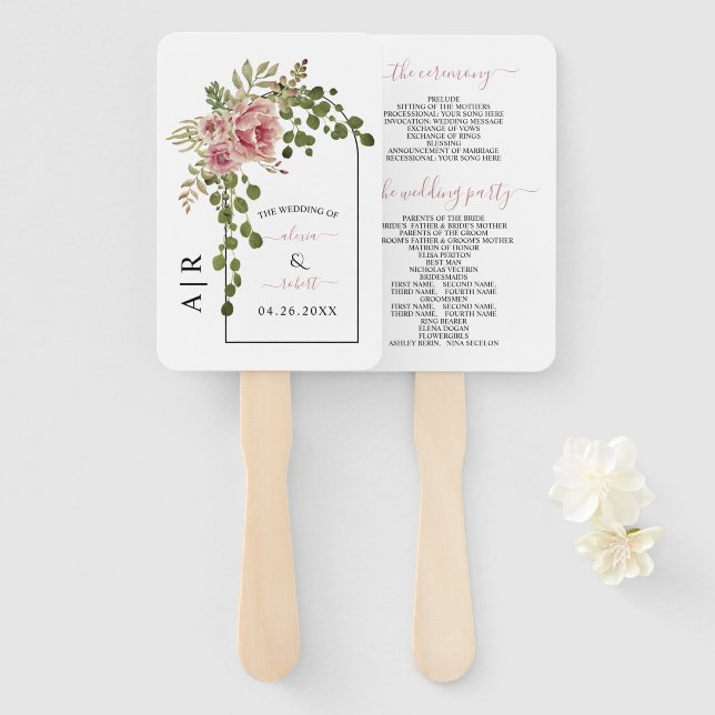 Dusty rose flowers arch, initials wedding program hand fan (Front and Back)