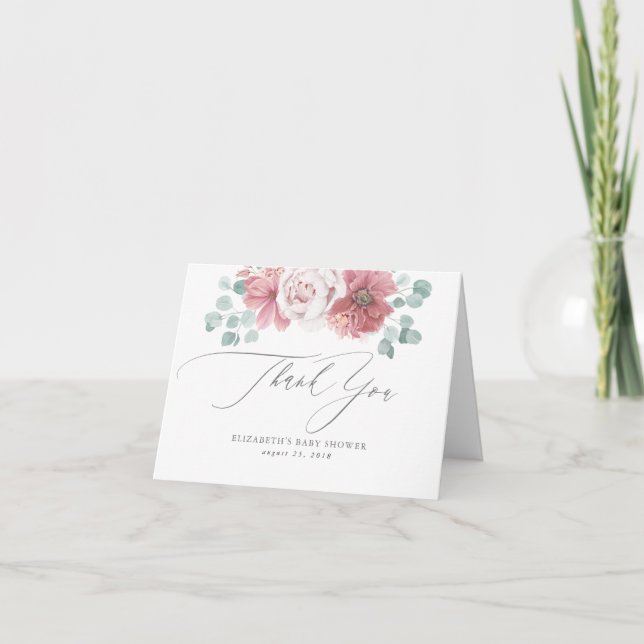 Dusty Rose Flowers Baby Shower Thank You Card (Front)