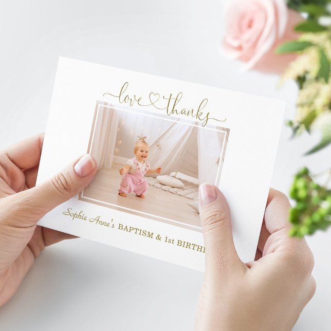 Dusty Rose Flowers Girl Photo 1st Birthday Baptism Thank You Card (Creator Uploaded)