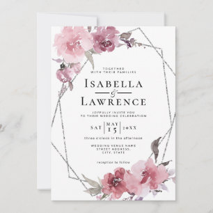 Dusty Rose Flowers Pink Floral Silver Foil Wedding Invitation
