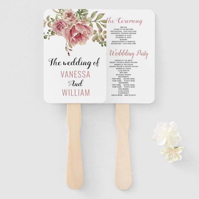 Dusty rose flowers typography wedding program hand fan (Front and Back)