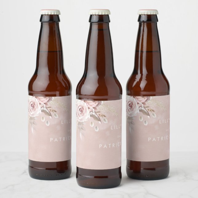 Dusty Rose Flowers Watercolor Blush Wedding Engage Beer Bottle Label (Bottles)
