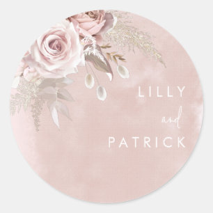 Dusty Rose Flowers Watercolor Blush Wedding Engage Classic Round Sticker