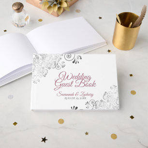 Dusty Rose Frilly Filigree Elegant White Wedding Guest Book