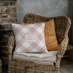 Dusty Rose Gingham Monogram Farmhouse Porch Cushion