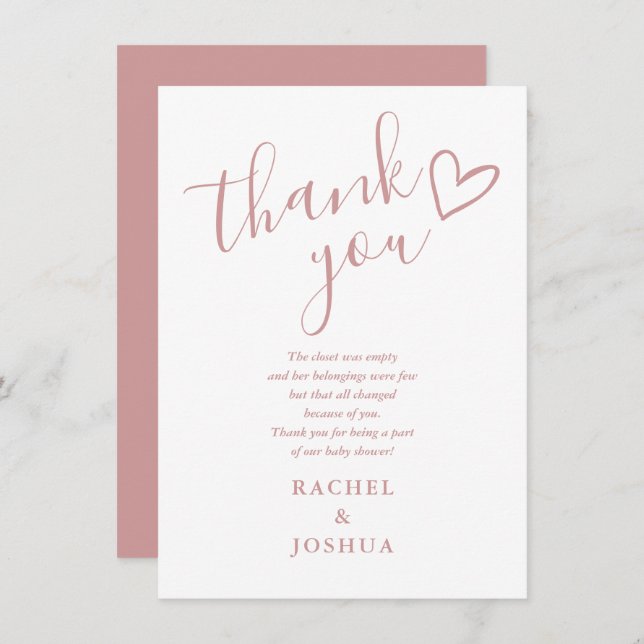 Dusty Rose Girl Baby Shower Script Heart Poem Thank You Card (Front/Back)