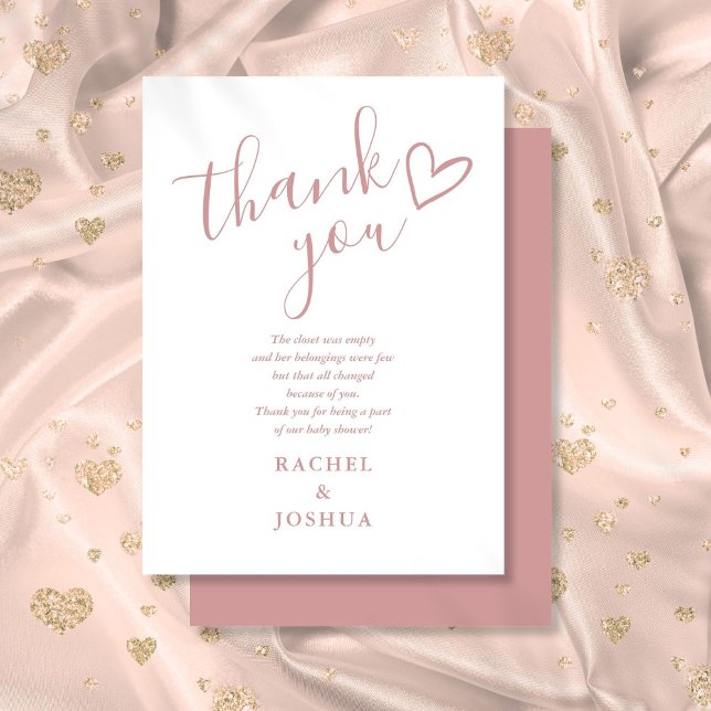 Dusty Rose Girl Baby Shower Script Heart Poem Thank You Card (Dusty Rose Girl Baby Shower Script Heart Poem Thank You Card)