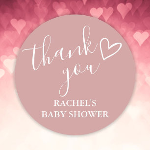 Dusty Rose Girl Baby Shower Script Heart Thank You Classic Round Sticker