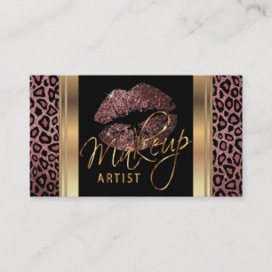 Dusty Rose Glitter Lips on Leopard Skin Business Card