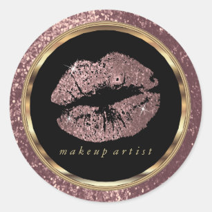 Dusty Rose Glitter Lips with Gold Font Classic Round Sticker