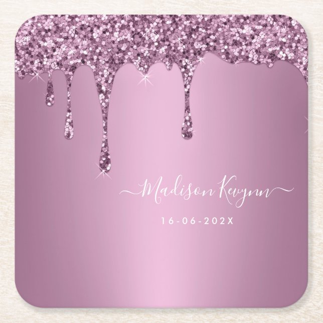  Dusty Rose Glitter Wedding Square Paper Coaster (Front)