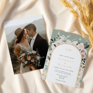 Dusty Rose Gold Arch Sage Monogram Photo Wedding Invitation