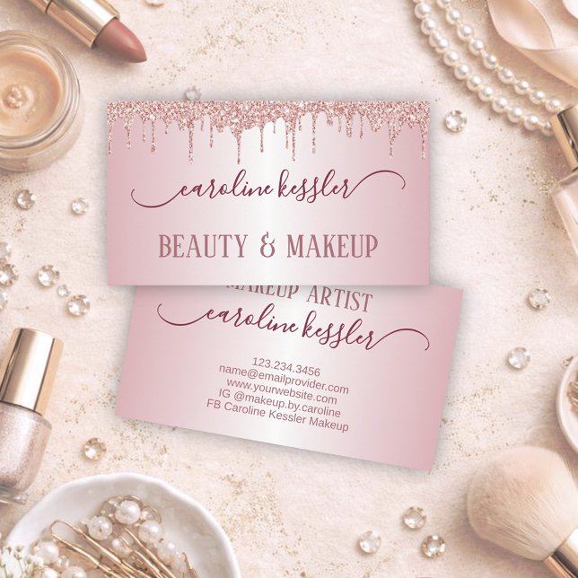 Dusty Rose Gold Blush Pink Glitter Sparkles Drip Business Card (Creator Uploaded)