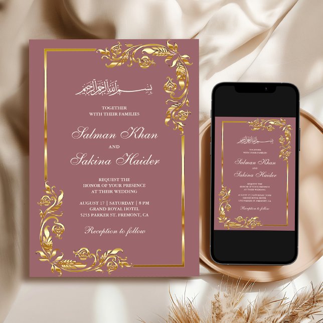 Dusty Rose Gold Floral Border Islamic Wedding Invitation (Creator Uploaded)