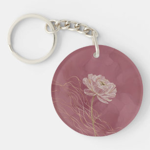 Dusty Rose Gold Floral Line Art Elegant Key Ring