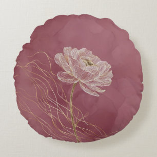 Dusty Rose Gold Floral Line Art Elegant Round Cushion