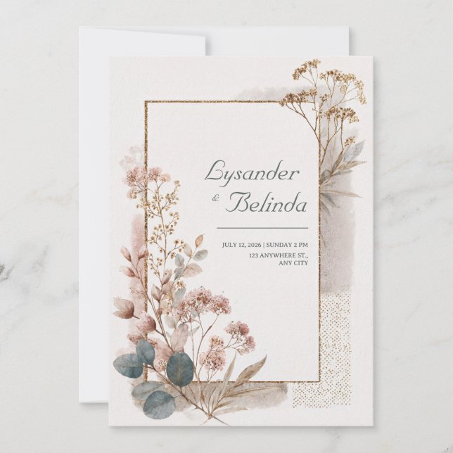 Dusty Rose Gold Foil Eucalyptus Wedding Invitation (Front)