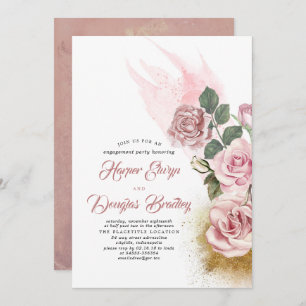 Dusty Rose & Gold Glitter Floral Engagement Party Invitation