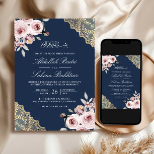 Dusty Rose Gold Lace QR Code Navy Muslim Wedding Invitation