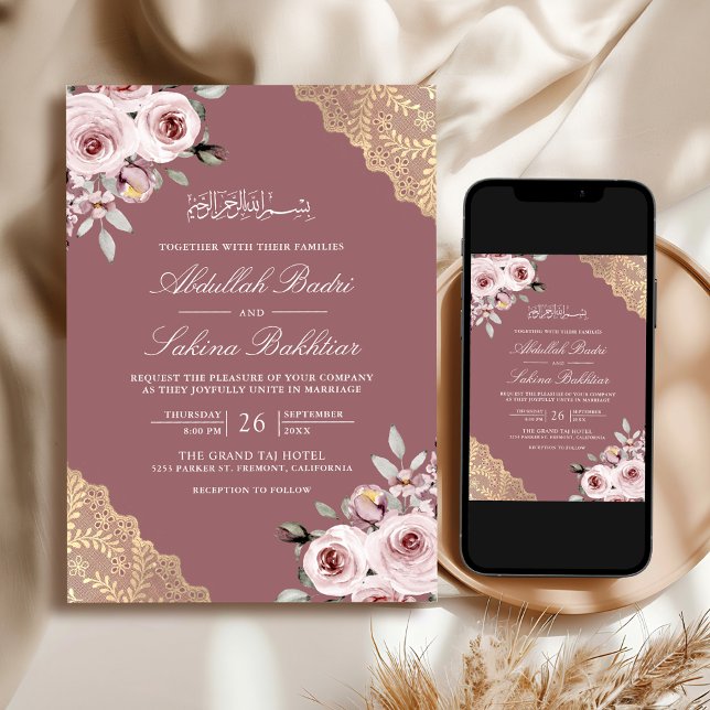 Dusty Rose Gold Lace QR Code Pink Muslim Wedding Invitation (Creator Uploaded)