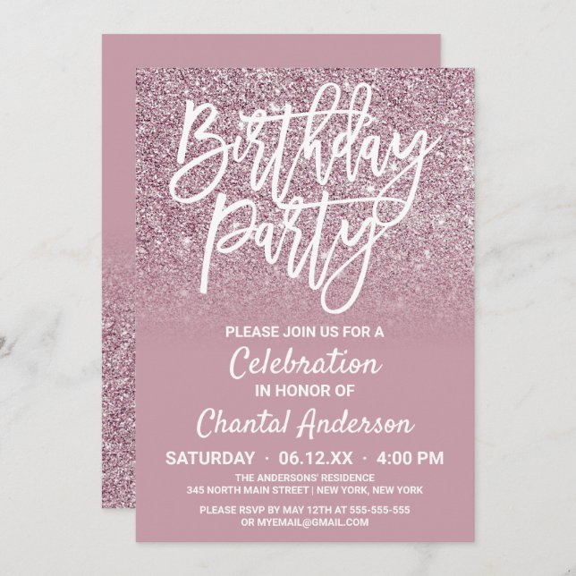 Dusty Rose Gold Pink Glitter Ombre Birthday Invitation (Front/Back)