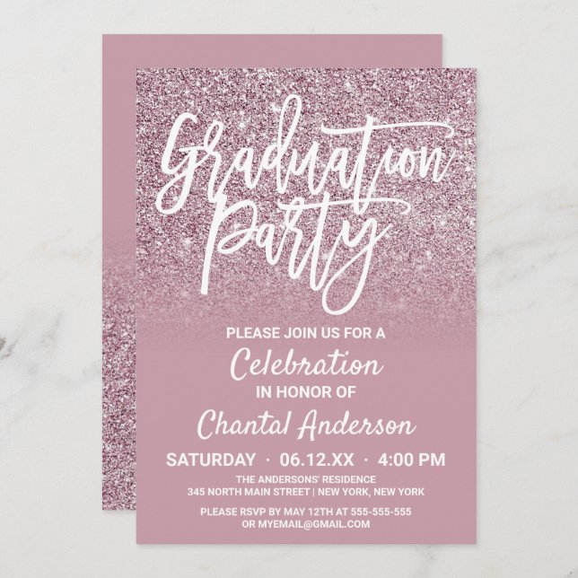 Dusty Rose Gold Pink Glitter Ombre Graduation Invitation (Front/Back)