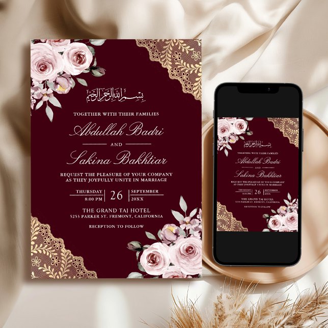 Dusty Rose Gold QR Code Burgundy Muslim Wedding Invitation (Creator Uploaded)
