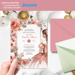 Dusty Rose Gold Quinceañera Dress Floral Quince Acrylic Invitations