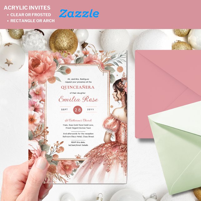 Dusty Rose Gold Quinceañera Dress Floral Quince Acrylic Invitations (Creator Uploaded)