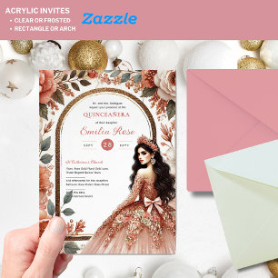 Dusty Rose Gold Quinceañera Dress Floral Quince Acrylic Invitations