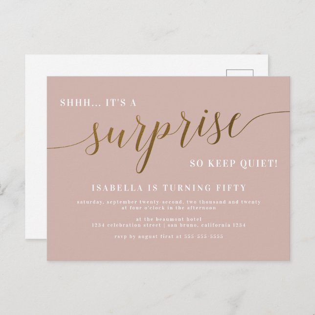 Dusty Rose & Gold Script Surprise Birthday Party Invitation Postcard (Front/Back)
