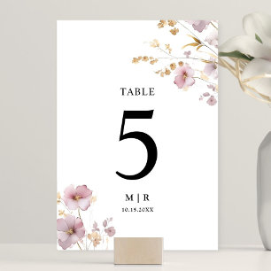 Dusty Rose & Gold Wildflower Floral Wedding  Table Number