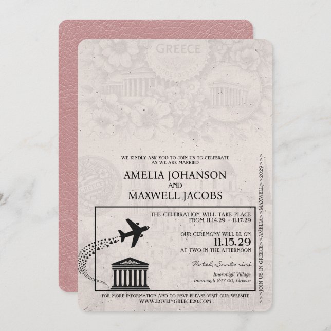 Dusty Rose Greece Passport Wedding Invitation (Front/Back)