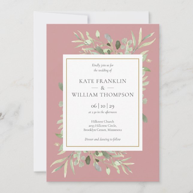 Dusty Rose Greenery All In One QR Code Wedding Invitation (Front)
