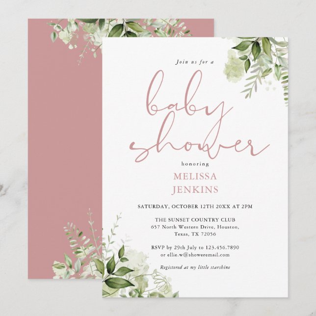 Dusty Rose Greenery Floral Girl Baby Shower Invitation (Front/Back)
