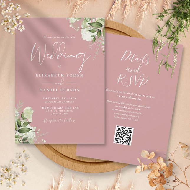 Dusty Rose Greenery Floral QR Code Wedding Invitation (Dusty Rose Greenery Floral QR Code Wedding Invitation)