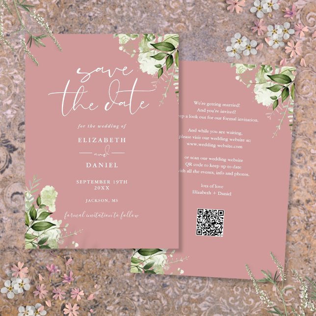 Dusty Rose Greenery Floral QR Code Wedding Save The Date (Dusty Rose Greenery Floral QR Code Wedding Save The Date)