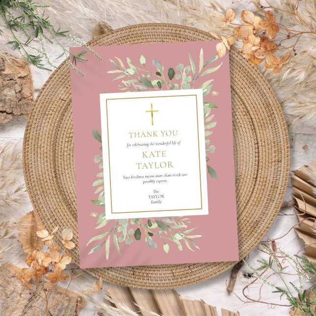 Dusty Rose Greenery Funeral Memorial Thank You Card (Dusty Rose Greenery Funeral Memorial Thank You Card)