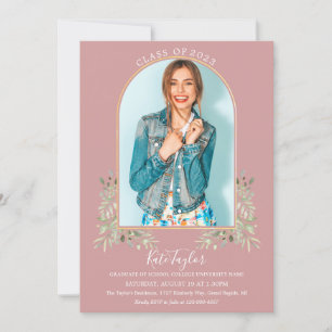 Dusty Rose Greenery Gold Arch Photo Graduation Inv Invitation