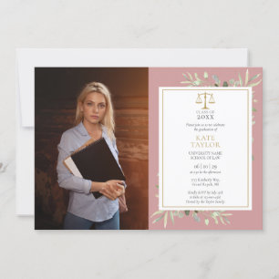 Dusty Rose Greenery Law School Graduation Photo In Invitation