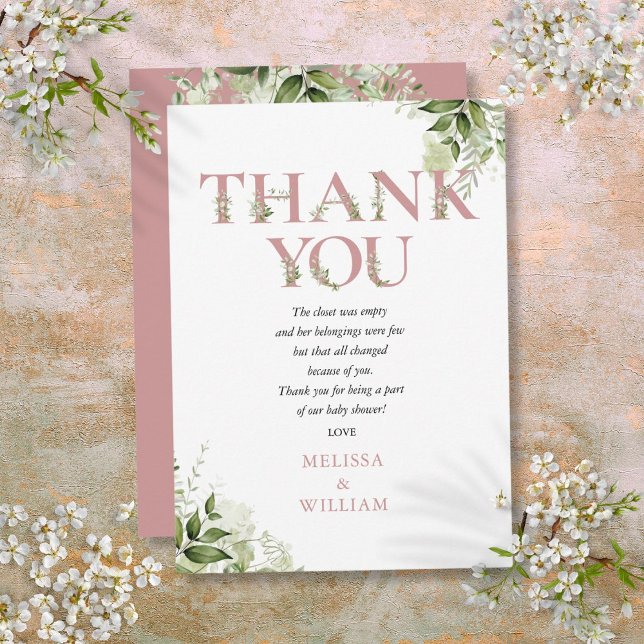 Dusty Rose Greenery Letter Baby Shower Poem Thank You Card (Dusty Rose Greenery Letter Baby Shower Poem Thank You Card)